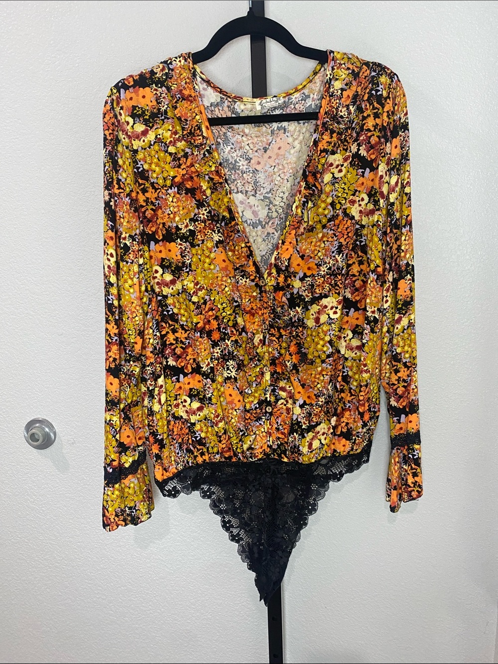 Floral Wrap-Front Long Sleeve Bodysuit in Orange & Yellow
